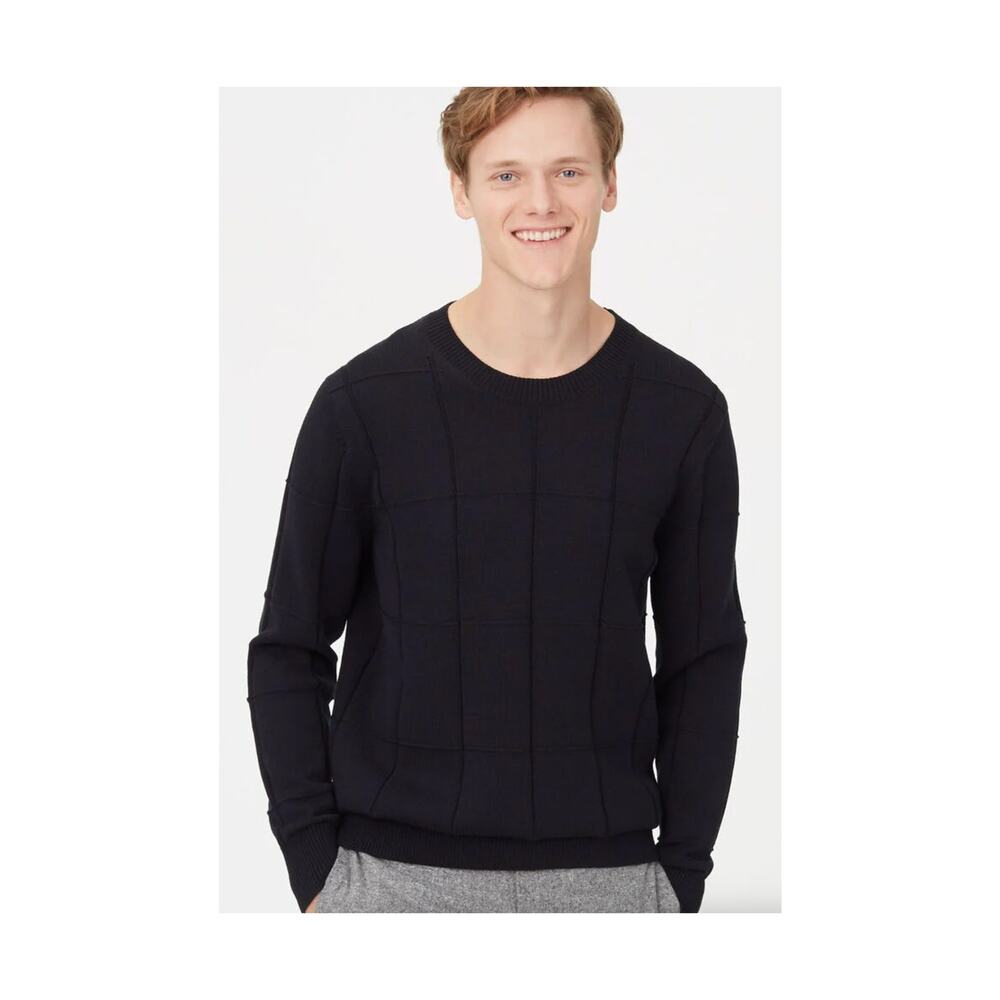 Club Monaco Sweater Mens XS Black Grid Knit Textured Cotton Blend Crewneck Top